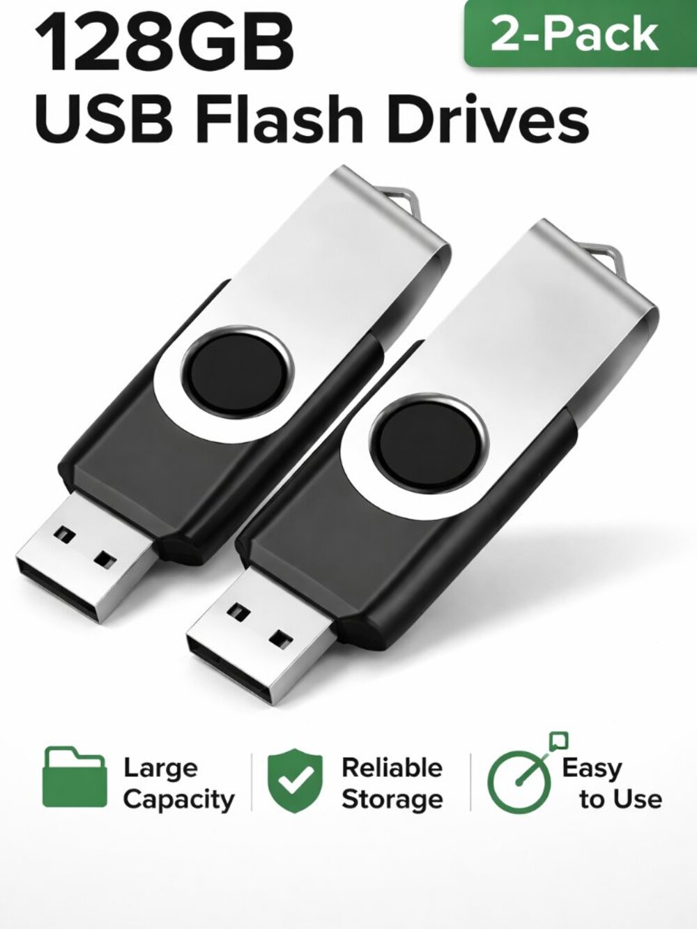 2 Pack 64GB USB Flash Drive USB 2.0 Swivel Thumb Drives Memory Stick Black